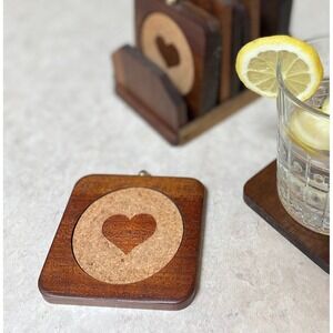 Fred Press Wood Coasters‎ Set of 8 with Holder Heart Design Vintage Barware